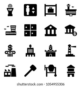 Solid vector icon set - airport tower vector, elevator, baggage room, building, bank, account, sand fort, lighthouse, plant, rubber hammer, cocncrete mixer, toy block house