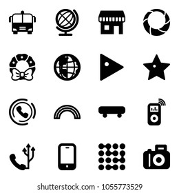 Solid vector icon set - airport bus vector, globe, duty free, christmas wreath, play, star, phone horn, rainbow, skateboard, music player, mobile, circuit, camera