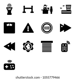 Solid vector icon set - airport tower vector, vip zone, passport control, building, floor scales, traffic light road sign, customs, fast forward, backward, gear globe, jalousie, remote