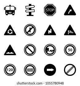 Solid vector icon set - airport bus vector, road signpost sign, stop, turn right, round motion, no parkin odd, abrupt, side wind, rough, prohibition, trailer, speed limit 50, 120, customs, only