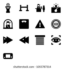 Solid vector icon set - airport tower vector, vip zone, passport control, terrorism, officer window, floor scales, traffic light road sign, customs, fast forward, backward, jalousie, eye scanner