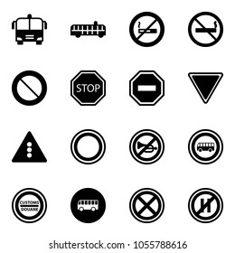 Solid vector icon set - airport bus vector, no smoking sign, prohibition road, stop, way, giving, traffic light, horn, customs, parking even