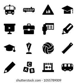 Solid vector icon set - airport bus vector, children road sign, graduate hat, presentation board, portfolio, highlight marker, pennant, volleyball, ruler, pencil, abc cube, abacus, toy
