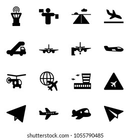 Solid vector icon set - airport tower vector, traffic controller, runway, arrival, trap truck, plane, boarding passengers, small, helicopter, globe, building, road sign, paper fly, toy