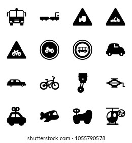Solid vector icon set - airport bus vector, baggage truck, tractor way road sign, car crash, for moto, no, limousine, bike, piston, jack, toy, plane, baby, helicopter