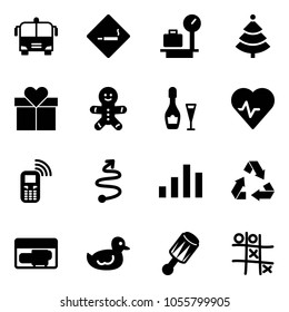 Solid vector icon set - airport bus vector, smoking area sign, baggage scales, christmas tree, gift, cake man, wine, heart pulse, mobile phone, trip, chart, recycling, generator, duck toy, beanbag