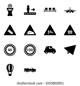 Solid vector icon set - airport tower vector, travolator, waiting area, plane, multi lane traffic road sign, climb, side wind, railway intersection, speed limit 40, 100, car, paper fly, air balloon