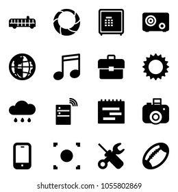 Solid vector icon set - airport bus vector, christmas wreath, safe, globe, music, portfolio, sun, rain cloud, server wireless, terms plan, camera, mobile phone, record button, wrench screwdriver