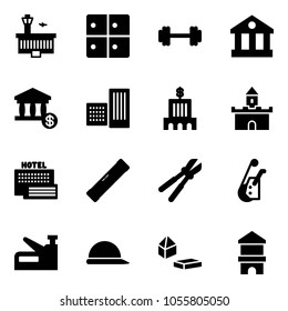 Solid vector icon set - airport building vector, baggage room, barbell, bank, account, sand fort, sea hotel, level, bolt cutter, winch, stapler, construction helmet, constructor blocks