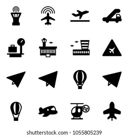 Solid vector icon set - airport tower vector, plane radar, departure, trap truck, baggage scales, building, road sign, paper, fly, air balloon, toy, helicopter