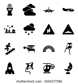 Solid vector icon set - airport tower vector, clouds, plane, small, christmas landscape, snowfall, abrupt turn right road sign, artificial unevenness, career, helicopter, rainbow, kite, rocket, toy