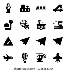 Solid vector icon set - airport tower vector, baggage, waiting area, trap truck, scales, plane globe, building, road sign, paper, fly, air balloon, helicopter toy