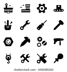 Solid vector icon set - airport building vector, heart gear, conveyor, casting of steel, wrench, screwdriver, nail, nut, screw, rivet, drill machine, winch, hammer, oiler