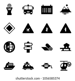 Solid vector icon set - airport tower vector, bus, schedule, mountains, main road sign, intersection, globe, signpost, mat, bungalow, cruiser, car baggage, jack, helicopter toy
