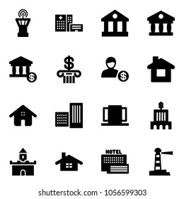 Solid vector icon set - airport tower vector, hospital building, bank, account, home, doors, sand fort, sea hotel, lighthouse