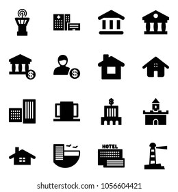 Solid vector icon set - airport tower vector, hospital building, bank, account, home, doors, sand fort, hotel, sea, lighthouse