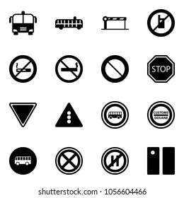 Solid vector icon set - airport bus vector, barrier, no mobile sign, smoking, prohibition road, stop, giving way, traffic light, customs, parking even, pause