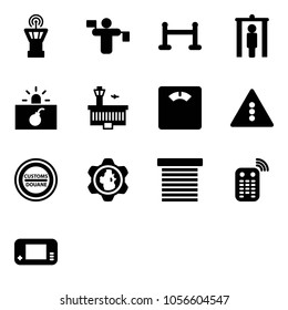 Solid vector icon set - airport tower vector, traffic controller, vip zone, metal detector gate, terrorism, building, floor scales, light road sign, customs, gear globe, jalousie, remote control