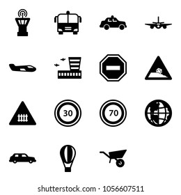 Solid vector icon set - airport tower vector, bus, safety car, plane, small, building, no way road sign, steep roadside, railway intersection, speed limit 30, 70, globe, limousine, air balloon