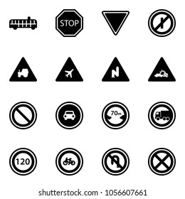Solid vector icon set - airport bus vector, stop road sign, giving way, no parking odd, tractor, abrupt turn right, car crash, prohibition, limited distance, truck, speed limit 120, bike, back