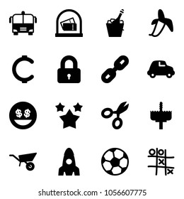 Solid vector icon set - airport bus vector, champagne, banana, cent, locked, link, car, money smile, stars, scissors, crown drill, wheelbarrow, rocket, soccer ball, Tic tac toe