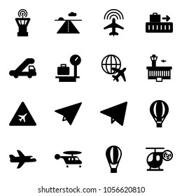Solid vector icon set - airport tower vector, runway, plane radar, baggage, trap truck, scales, globe, building, road sign, paper, fly, air balloon, helicopter, toy