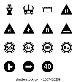 Solid vector icon set - airport tower vector, bus, barrier, oncoming traffic road sign, wild animals, intersection, narrows, rough, no horn, limited width, truck overtake, only forward right