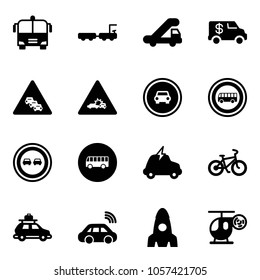 Solid vector icon set - airport bus vector, baggage truck, trap, encashment car, multi lane traffic road sign, crash, no, overtake, electric, bike, wireless, rocket, helicopter toy