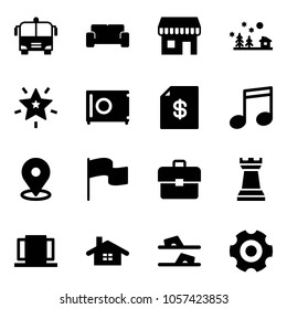 Solid vector icon set - airport bus vector, vip waiting area, duty free, christmas landscape, star, safe, account statement, music, map pin, flag, portfolio, chess tower, doors, home, flip flops