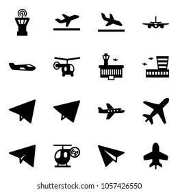 Solid vector icon set - airport tower vector, departure, arrival, plane, small, helicopter, building, paper fly, toy