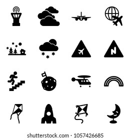Solid vector icon set - airport tower vector, clouds, plane, globe, christmas landscape, snowfall, road sign, abrupt turn right, career, moon flag, helicopter, rainbow, kite, rocket, lamp