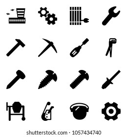 Solid vector icon set - airport building vector, gear, sun panel, wrench, hammer, axe, chisel, plumber, nail, screw, clinch, cocncrete mixer, winch, protect glass