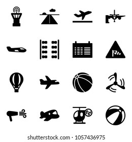 Solid vector icon set - airport tower vector, runway, departure, boarding passengers, small plane, seats, schedule, side wind road sign, air balloon, ball, mill, dryer, toy, helicopter, beach