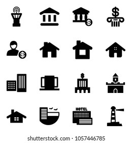 Solid vector icon set - airport tower vector, bank, account, home, building, doors, sand fort, hotel, sea, lighthouse