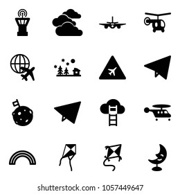 Solid vector icon set - airport tower vector, clouds, plane, helicopter, globe, christmas landscape, road sign, paper fly, moon flag, cloud ladder, rainbow, kite, lamp