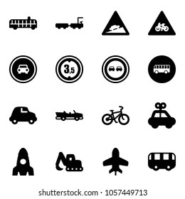 Solid vector icon set - airport bus vector, baggage truck, climb road sign, for moto, no car, limited height, overtake, cabrio, bike, toy, rocket, excavator, plane