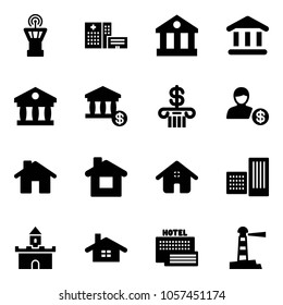 Solid vector icon set - airport tower vector, hospital building, bank, account, home, sand fort, sea hotel, lighthouse