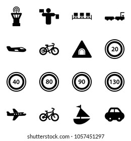 Solid vector icon set - airport tower vector, traffic controller, waiting area, baggage truck, small plane, bike, tunnel road sign, speed limit 20, 40, 80, 90, 130, sailboat toy, car