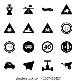 Solid vector icon set - airport tower vector, runway, small plane, tractor way road sign, tunnel, steep roadside, for moto, speed limit 30, 50, bus, end, globe, car, paper fly, gyroscope