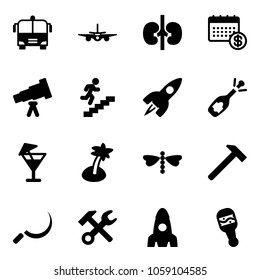 Solid vector icon set - airport bus vector, plane, kidneys, calendar, telescope, career, rocket, fizz opening, drink, palm, dragonfly, hammer, sickle, wrench, beanbag