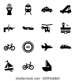 Solid vector icon set - airport tower vector, train, safety car, trap truck, boarding passengers, small plane, helicopter, building, bike, speed limit 40 road sign, limousine, sail boat