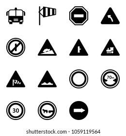 Solid vector icon set - airport bus vector, side wind, no way road sign, turn left, parkin odd, climb, intersection, railway, rough, prohibition, limited distance, speed limit 30, cart horse