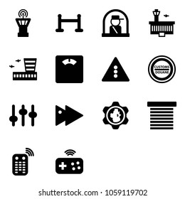Solid vector icon set - airport tower vector, vip zone, officer window, building, floor scales, traffic light road sign, customs, settings, fast forward, gear globe, jalousie, remote control