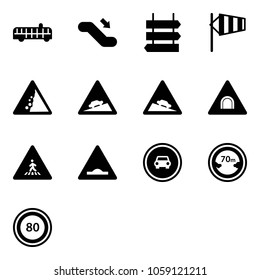 Solid vector icon set - airport bus vector, escalator down, sign post, side wind, landslide road, climb, steep descent, tunnel, pedestrian, artificial unevenness, no car, limited distance