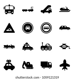 Solid vector icon set - airport bus vector, baggage truck, trap, snowmobile, car crash road sign, no, limousine, cabrio, moon rover, jack, toy, excavator, plane