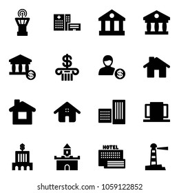 Solid vector icon set - airport tower vector, hospital building, bank, account, home, doors, sand fort, sea hotel, lighthouse