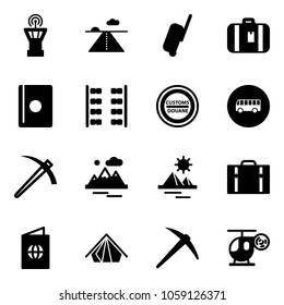 Solid vector icon set - airport tower vector, runway, suitcase, passport, plane seats, customs road sign, bus, job, mountains, pyramid, tent, axe, helicopter toy
