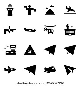 Solid vector icon set - airport tower vector, traffic controller, runway, arrival, boarding passengers, small plane, helicopter, building, road sign, paper fly, toy