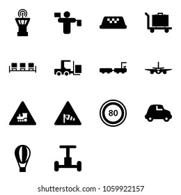Solid vector icon set - airport tower vector, traffic controller, taxi, baggage, waiting area, fork loader, truck, plane, railway intersection road sign, side wind, speed limit 80, car, air balloon