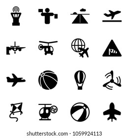 Solid vector icon set - airport tower vector, traffic controller, runway, departure, boarding passengers, helicopter, plane globe, side wind road sign, ball, air balloon, mill, kite, toy, beach